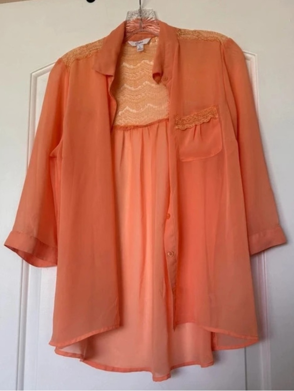 Vintage Candie's Peach Orange Lace-Back Sheer Blouse Coverup